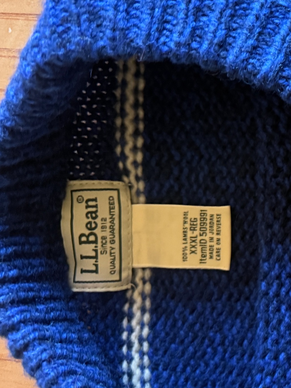 L.L. Bean Men’s Royal Blue Turtleneck Sweater with Contrast Stripe